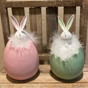 Easter Bunny Decor Set of 2, Bunnies Hatching In Easter Eggs Resin Decor